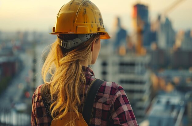 Trabalhadora da construção com vista para uma paisagem urbana ao pôr-do-sol