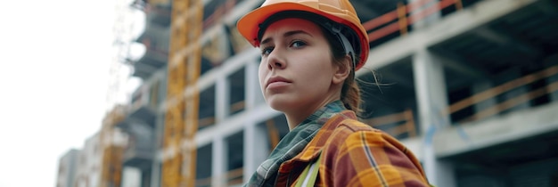 Trabalhadora da construção em capacete no canteiro de obras