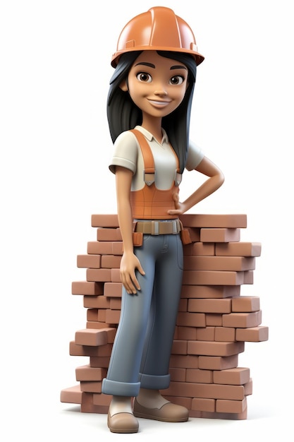 Trabalhadora da construção segura de pé junto a uma parede de tijolos