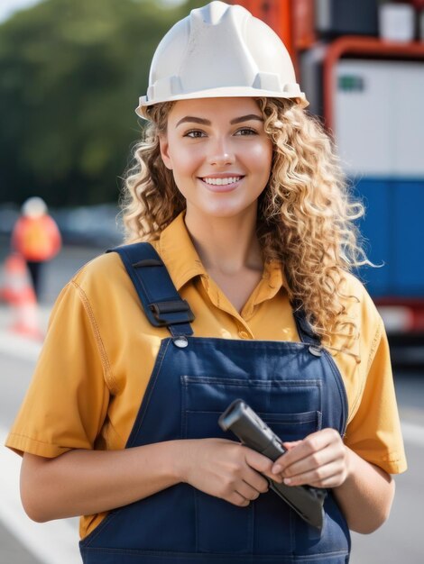 Trabalhadora da construção sorridente com colete de segurança