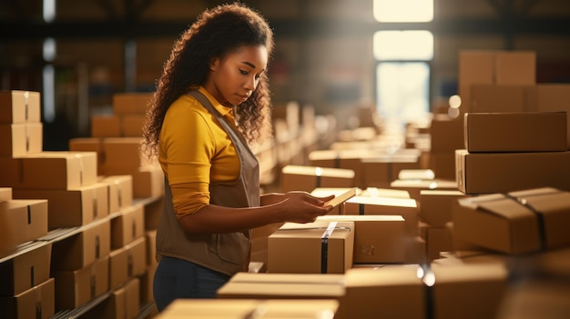 Foto trabalhadora de armazém de distribuição feminina ou vendedora segurando caixas de pedidos de envio de comércio eletrônico se preparando para despachar entrega de correio postal