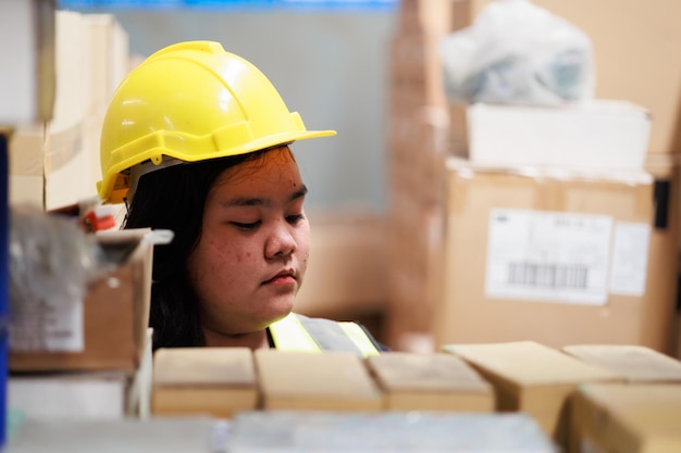 Trabalhadora de armazém obesa asiática em colete de segurança e capacete de capacete em produto industrial de fábrica de armazém em caixas de papelão nas prateleiras mulher de tamanho grande inspecionando produtos durante o trabalho