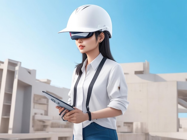 Trabalhadora de arquitetura asiática usando fone de ouvido de realidade virtual para trabalhar em projetos arquitetônicos com tecnologia BIM