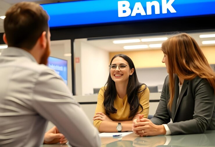 Foto trabalhadora de banco alegre a ter uma reunião com dois clientes