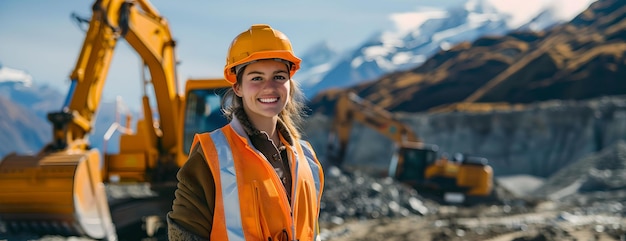 Trabalhadora de construção confiante em um local de escavação montanhoso retrato de uma mulher com um chapéu de segurança sorrindo emprego profissional da indústria AI