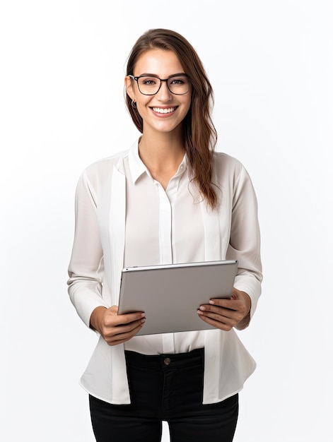 trabalhadora de empresa feminina de óculos sorrindo e segurando tablet digital isolado no fundo branco