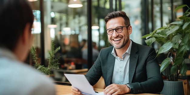 Trabalhadora de escritório a discutir um novo projecto com um colega durante o dia de trabalho