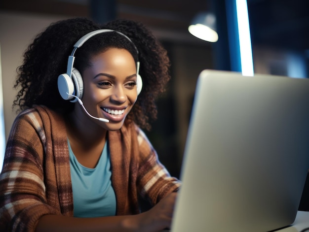 Trabalhadora de escritório africana usando fones de ouvido na frente do laptop trabalhando e fazendo chamada de vídeo
