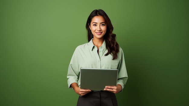 Trabalhadora de escritório asiática-americana com laptop gerado por IA espaço de cópia de imagem de retrato