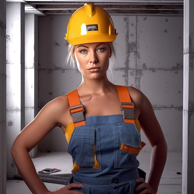 Trabalhadora de trabalho feminino posando em roupa quente na câmera fechando o canteiro de obras