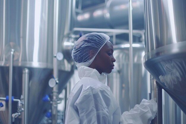 Foto trabalhadora de uma fábrica farmacêutica com vestuário de protecção a operar uma linha de produção estéril