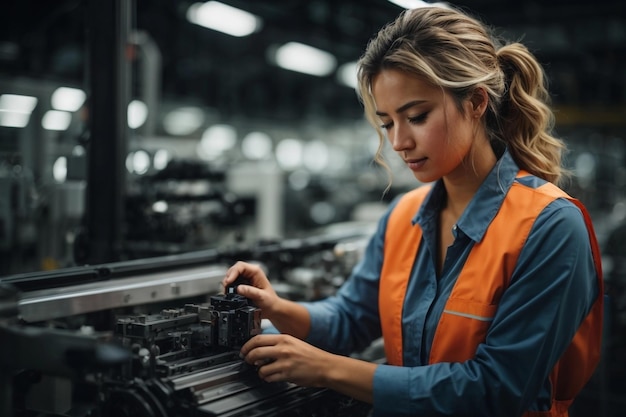 Foto trabalhadora engenheira habilmente operando máquinas de alta tecnologia em colete laranja