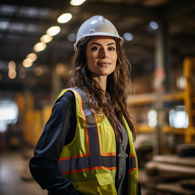 Foto trabalhadora industrial com o chapéu de ferro no meio de uma fábrica de manufatura da indústria pesada no fundo, vários componentes de metalurgia são vistos