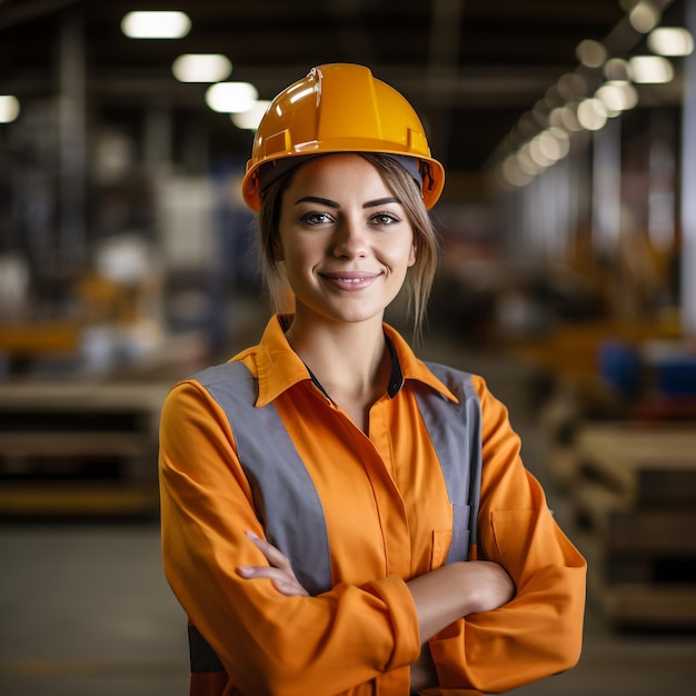 Foto trabalhadora industrial com o chapéu de ferro no meio de uma fábrica de manufatura da indústria pesada no fundo, vários componentes de metalurgia são vistos