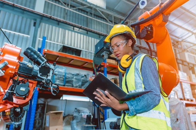 Trabalhadora inteligente engenheira trabalhando programando máquina de solda robótica Menina adolescente negra trabalha com antecedência fábrica moderna