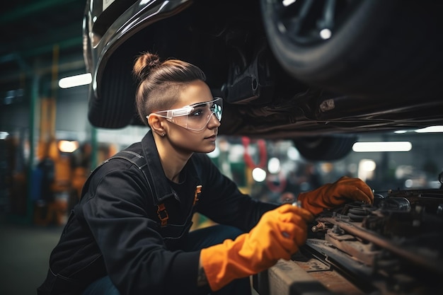 Trabalhadora mecânica de automóveis feminina na garagem consertando um carro
