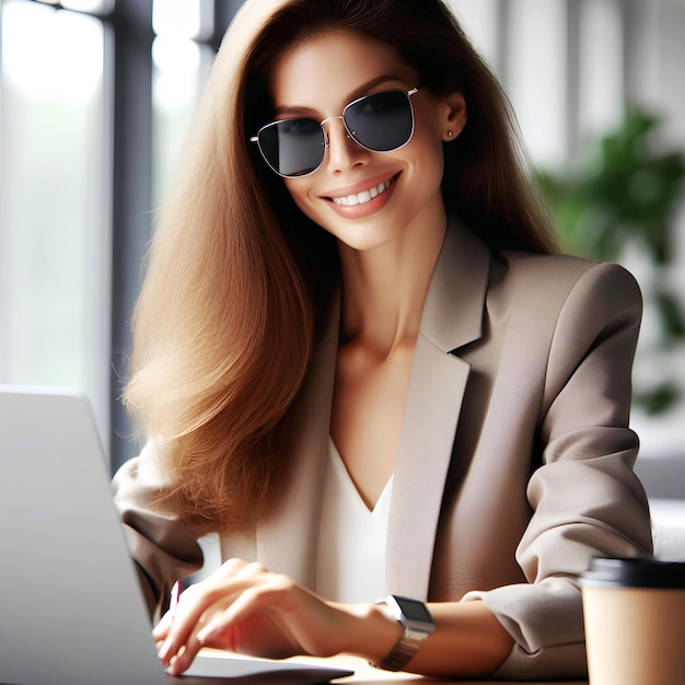 Trabalhadora profissional sorrindo com óculos de sol empregada ou uma mulher de negócios trabalhando com um laptop