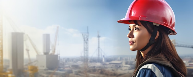 Trabalhadora usando um capacete de proteção e equipamento de segurança em um canteiro de obras.
