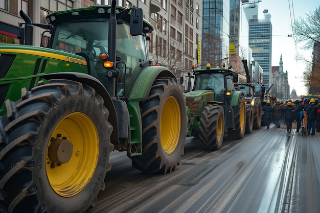 Trabalhadores agrícolas protestam em ruas da cidade com tratores bloqueando o trânsito