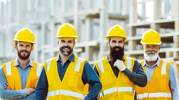 Trabalhadores caucasianos do canteiro de obras em pé com os braços cruzados, usando coletes de segurança e capacetes