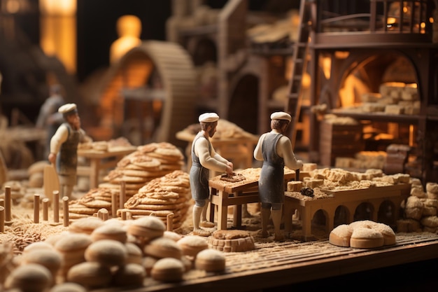 trabalhadores classificando pão no espaço de cópia de fábrica de padaria