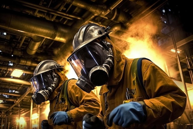 Trabalhadores com máscaras de gás na fábrica Generative Ai