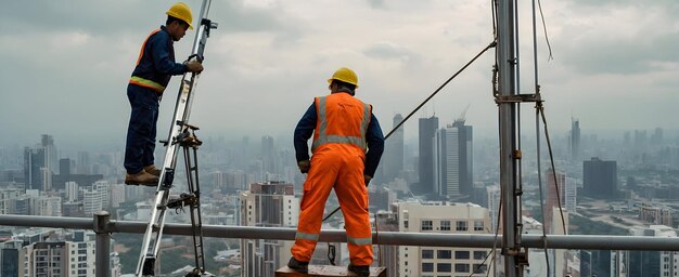 Trabalhadores criando torres altas em um ambiente de trabalho diário contra as nuvens