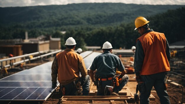 Trabalhadores da construção a instalar painéis solares no local