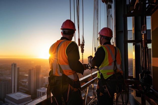 Trabalhadores da construção civil ajustando equipamentos bem acima da cidade durante um pôr do sol radiante