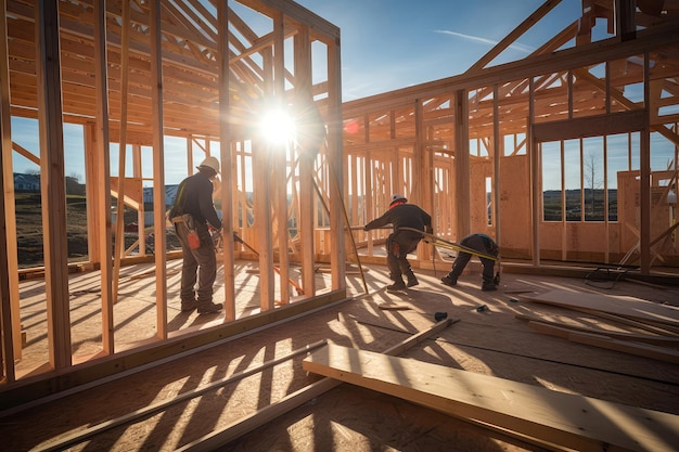 Trabalhadores da construção civil construindo uma nova casa com IA generativa