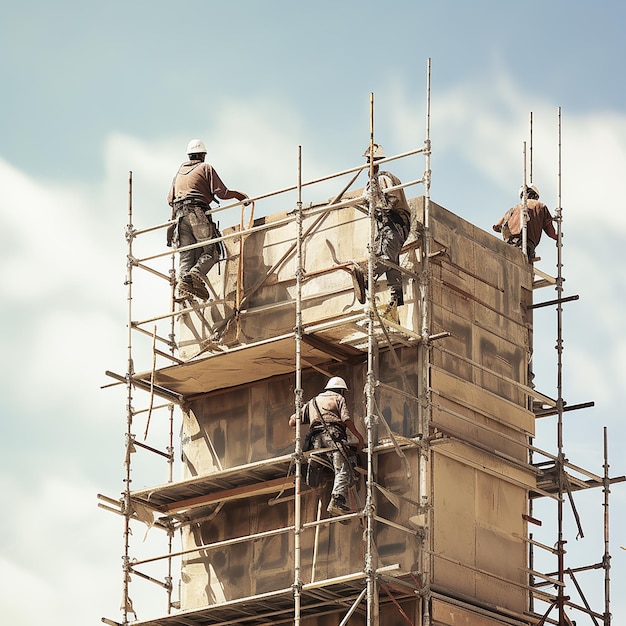 Trabalhadores da construção civil Duo dinâmico em andaimes