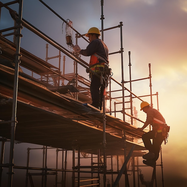 Trabalhadores da construção civil Duo dinâmico em andaimes