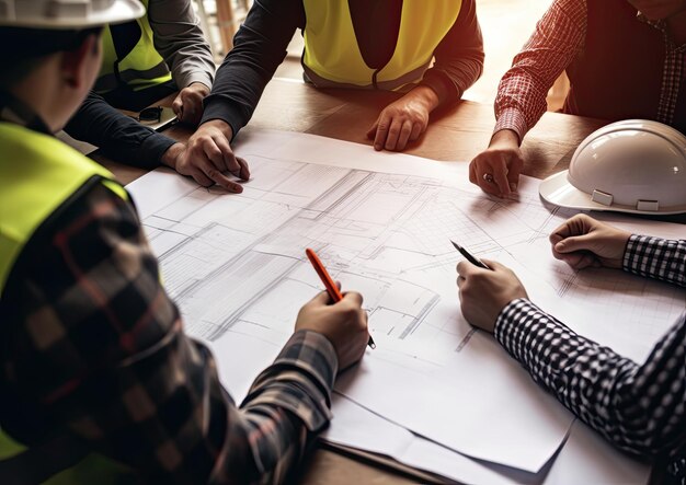 Trabalhadores da construção civil trabalhando em um canteiro de obras