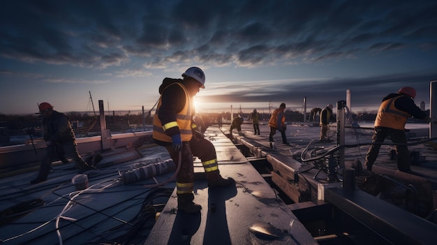 Trabalhadores da construção civil trabalhando no telhado