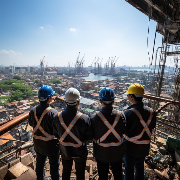 trabalhadores da construção com engenheiros em capacetes de pé pela fábrica