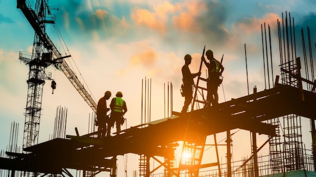 Foto trabalhadores da construção em andaimes com guindastes contra o céu ao pôr-do-sol