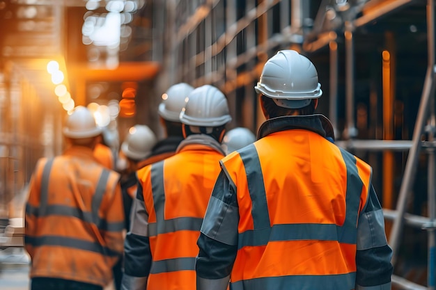 Trabalhadores da construção em equipamento de segurança num local preparado para o trabalho Conceito Equipamento de segurança do trabalhador da construção Emprego no local de trabalho Indústria da construção Preparação para o trabalho