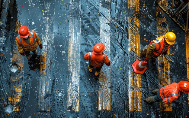 Trabalhadores da construção estão atravessando a rua Coneiros de trânsito na rua ao lado da travessia de zebra com linhas brancas e listras amarelas