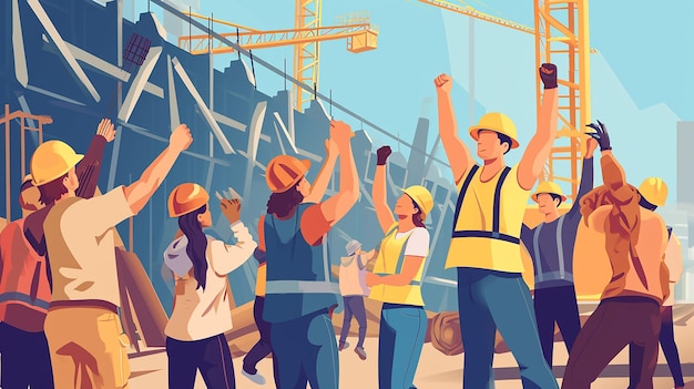 Trabalhadores da construção felizes celebrando a luta