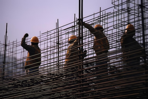 Trabalhadores da construção instalando barras de reforço