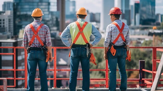 Trabalhadores da construção que usam cinto de segurança durante o trabalho em lugares altos