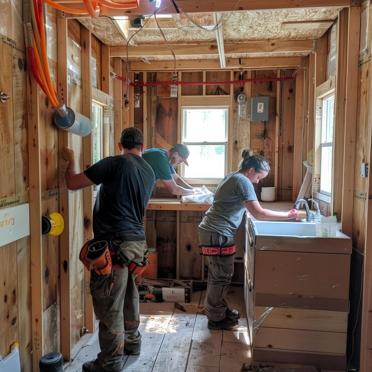 Foto trabalhadores da construção renovando o interior de uma casa, instalando acessórios e trabalhando em projetos elétricos e hidráulicos