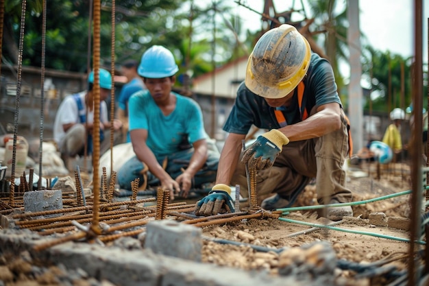 Trabalhadores da construção seguravam barras de armadura em um canteiro de obras