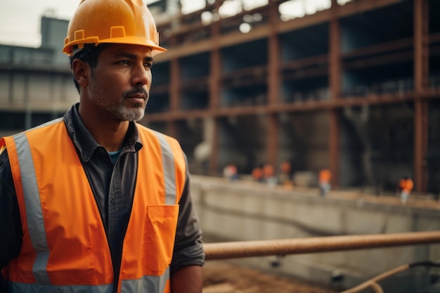 Trabalhadores da construção supervisionam a construção de uma usina hidrelétrica na barragem de água