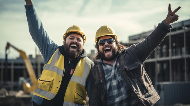 trabalhadores da construção usando capacetes e coletes celebrando o Dia do Trabalho