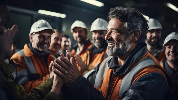 Trabalhadores da construção usando chapéus e coletes duros em um local de trabalho