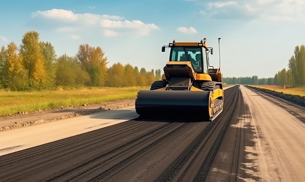 Trabalhadores da construção usando pá para nivelar novo asfalto na estrada Criando usando ferramentas de IA gerativa