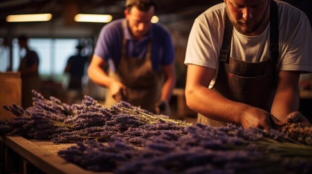 Trabalhadores da destilaria de lavanda francesa extraem óleo de lavanda recém-colhida com aroma de ar