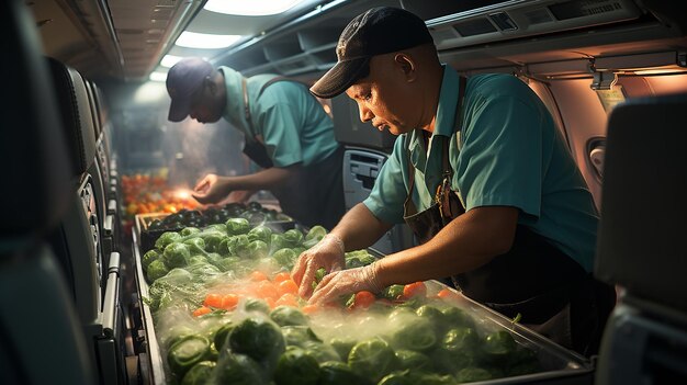 Foto trabalhadores da indústria de catering estão preparando um dos menus de comida em um avião tangerang bante