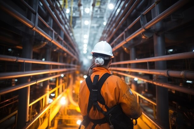 Trabalhadores da indústria de petróleo e gás sobem a bordo de um navio de gás pressurizado para inspecionar o processo de desidratação de petróleo e gás em cima do trabalhador da plataforma petrolífera do navio